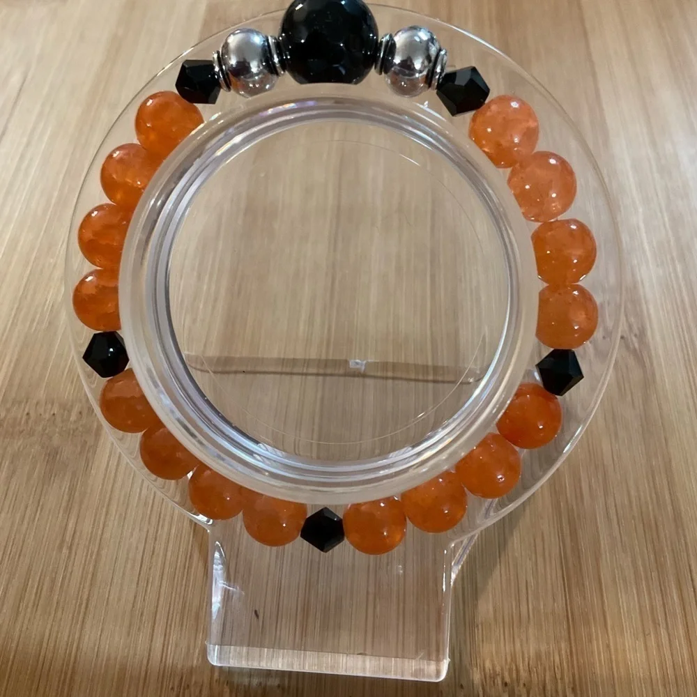 Hand Crafted Bracelet Beaded Stretch Orange Black Silver Stainless Steel